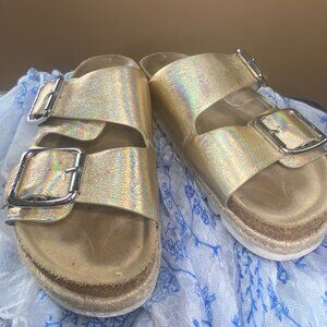 J SLIDES GOLD Iridescent Platforms Slip On Buckle Cork Sandals